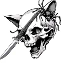 Cat skull with kunai knife through top of skull and spider in eye socket tattoo design idea