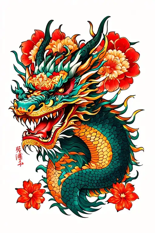 Yakuza tattoo design featuring dragon flowers and oni mask full sleeve tattoo design idea