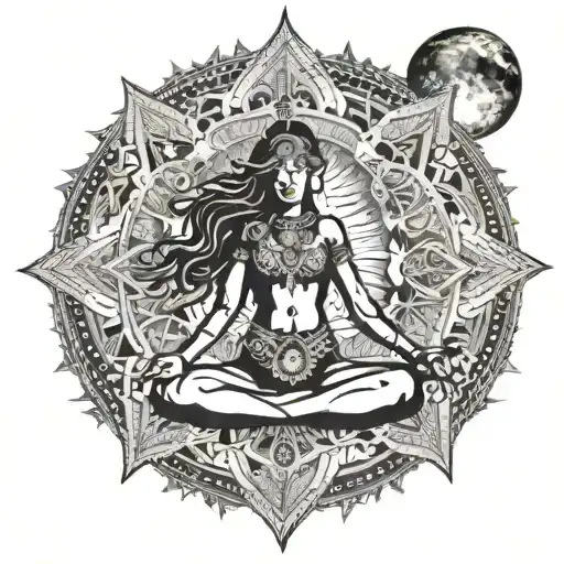 A woman's figure with her arms wide open holding a moon one hand and a sun on the other, inside a mandala tattoo design idea