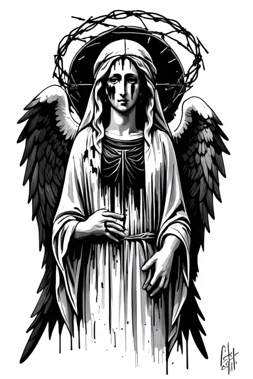tattoo sketch of an Orthodox angel with a barbed wire halo and black, torn wings, and black smudges on its face tattoo design idea