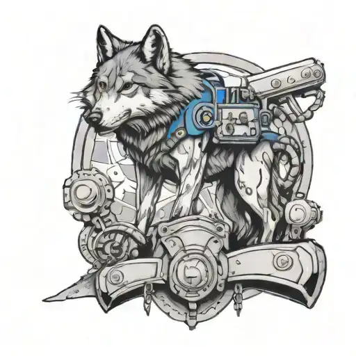 A wolf with a tool belt around its waist, surrounded by rocks and machinery, showcasing the client's love for both wolves and their blue collar occupation tattoo design idea