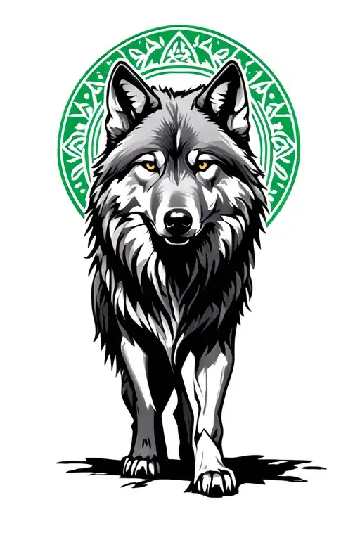 A powerful grey wolf stands in front, symbolizing Turkish heritage and pride. In the background, cascading lines of gree tattoo design idea