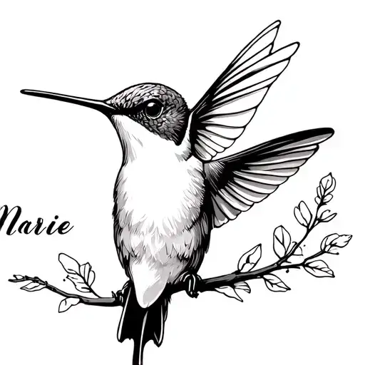 realistic small kind of fat hummingbird with "Marie" written in small dainty script along the lower left tattoo design idea