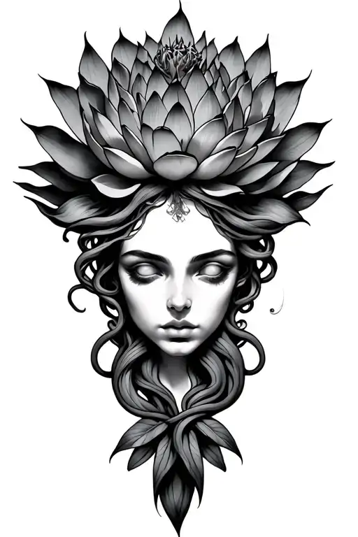 medusa, lotus flower, cannabis tattoo design idea