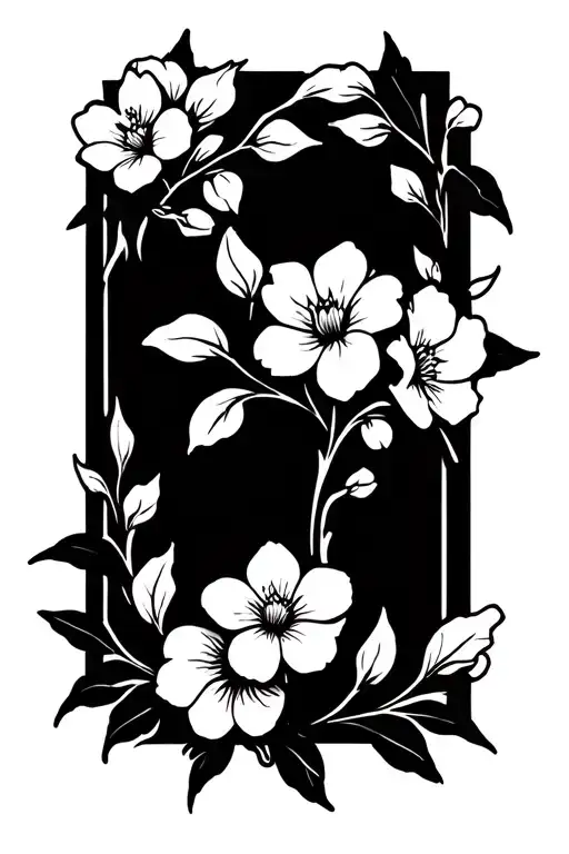 white rectangular carpet of white blossoming flowers intertwined by white vine leafs. no background color tattoo design idea