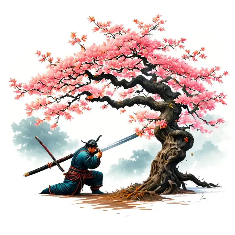 retiring samurai burying Sword at peach tree tattoo design idea