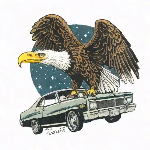 A majestic bald eagle perched on top of a 1969 Chevy Nova, with the night sky filled with stars representing the client's birth date of October 4, 1979 tattoo design idea
