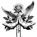 Two hands praying with a rosary on the hands above both hands and a dove up the rose tattoo design idea