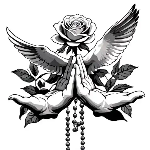Two hands praying with a rosary on the hands above both hands and a dove up the rose tattoo design idea