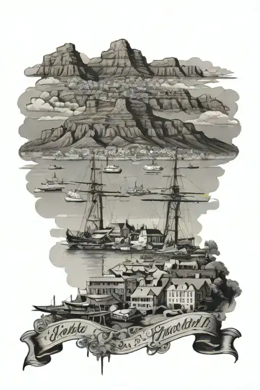 table mountain with the Victoria Alfred waterfront below and the Cape Town wheel  tattoo design idea