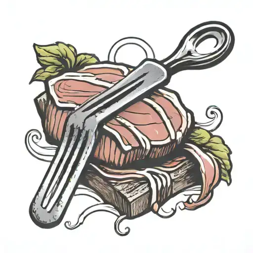 American traditional style tattoo featuring a slab of meat on a fork.  tattoo design idea