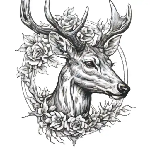 Black and white sketch for a female tattoo, deer standing on its hind legs, realism tattoo design idea