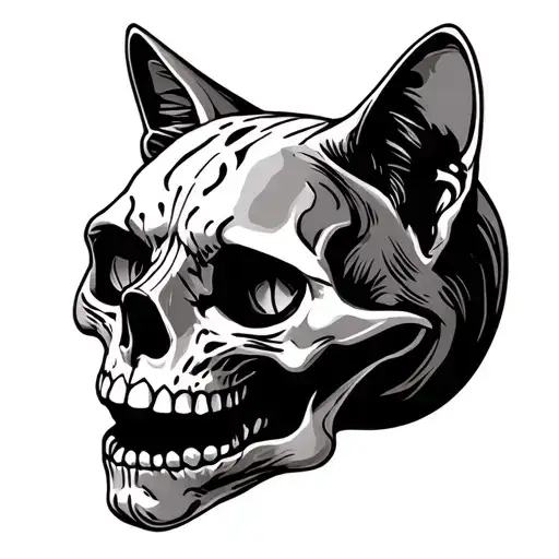 cat skull line art gothic tattoo design idea
