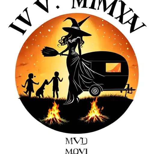 "IV V MMXIV" silhouette of busty sexy witch bride on broomstick over a campsite with a trailer and campfire with children & dog tattoo design idea