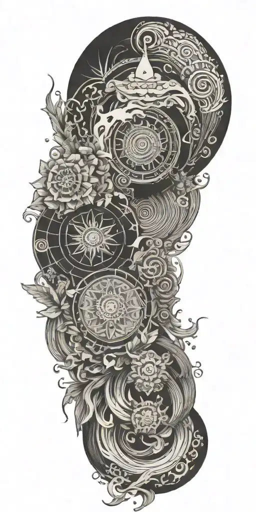 Blend Buddhist mandala, fine-line wood grain, anime elements, and subtle gaming symbols into a cohesive flowing water tattoo design idea