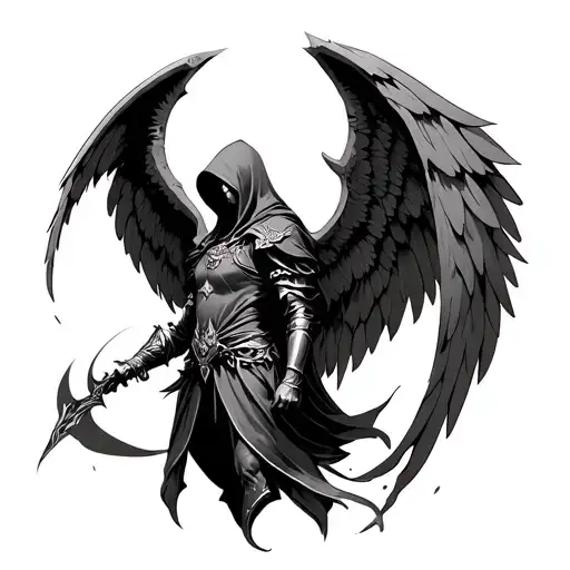 Hooded Arch Angel warrior guardian fine lines tattoo design idea