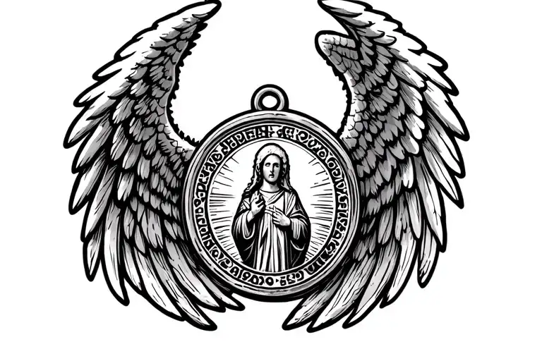 Angel wings and saint benedict medal tattoo design idea