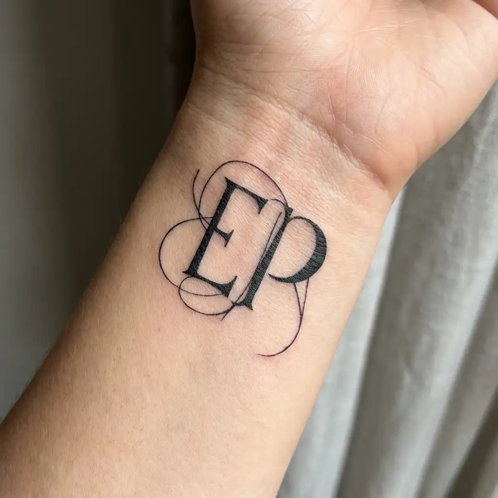 "EP" swirly initials tattoo design idea