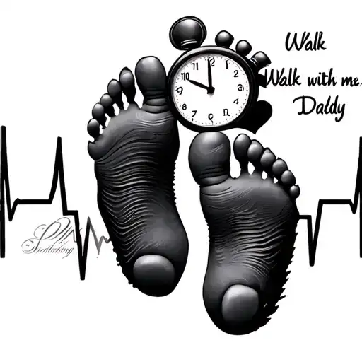 baby foot prints with heartbeat line and clock with time of birth and saying Walk with me Daddy tattoo design idea
