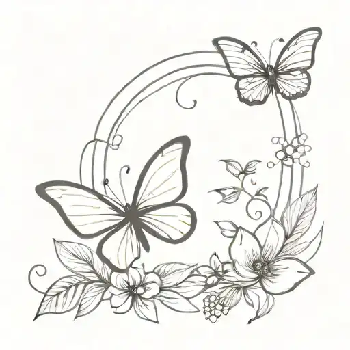 Mariposa y flores e folhas tattoo design idea