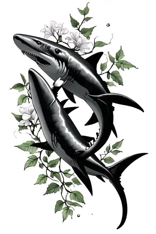 2 sharks with poison ivy vines and flowers  tattoo design idea