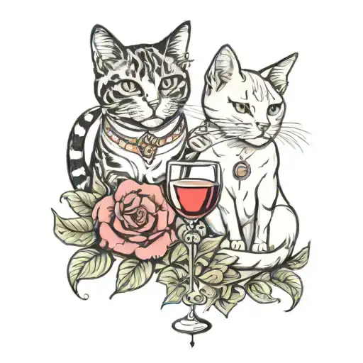 2 cats, some flowers, a glass of wine tattoo design idea