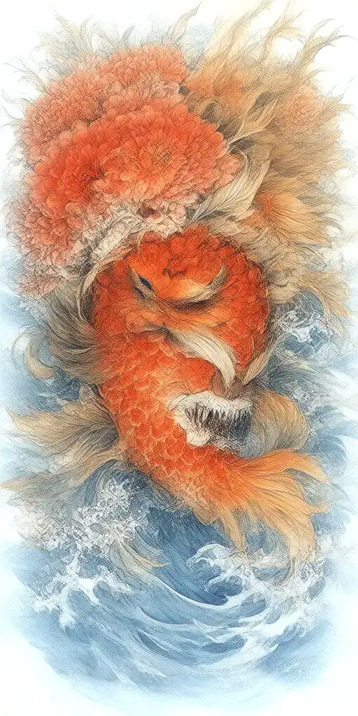 flowers oni demon mask koi fish waves skin breaks loose tattoo design idea