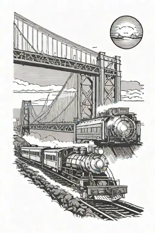 train approaching the golden gate bridge with the headlight shining onto fog tattoo design idea
