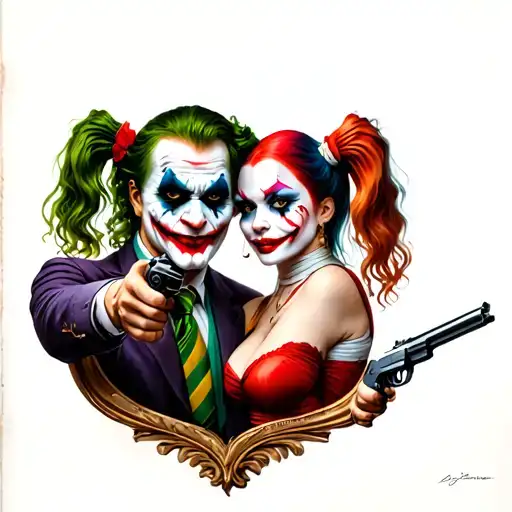 joker and harley quinn looking at the old version of themselves in a mirror and pointing guns at it tattoo design idea