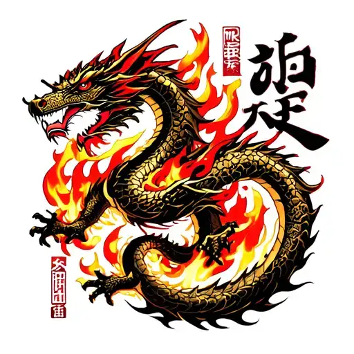 Red-gold fire dragons, a burning torii with 'MRAKIRA,' Akira from Tekken, and Kanji for strength (強さ) and honor (名誉) tattoo design idea