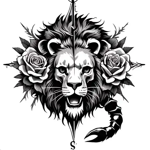 lion and scorpion with skulls with roses a compass  tattoo design idea