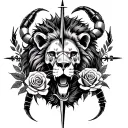 lion and scorpion with skulls with roses a compass  tattoo design idea