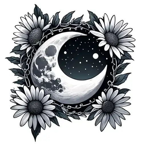moon and daisy chain tattoo design idea
