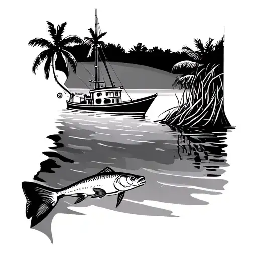 make a simple NAUTICAL CHART of Lee county, Florida. include a fishing boat, mangroves, and a snook in the mangroves  tattoo design idea