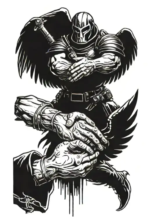 arch angel micheal shaking hands with doomguy looking tattoo design idea