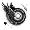  Fibonacci spiral, onesided wings attached to it with some elements of trees and planet as in staurn and north star on s tattoo design idea