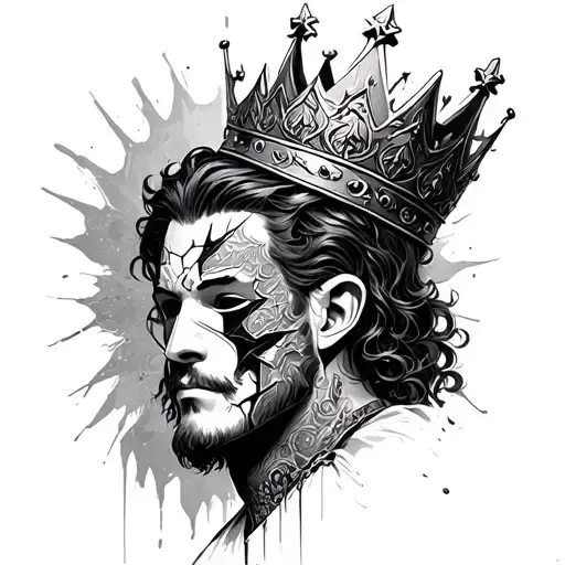 a king with a broken crown and masks all around him tattoo design idea