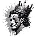 a king with a broken crown and masks all around him tattoo design idea