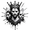 a king with a broken crown and masks all around him tattoo design idea