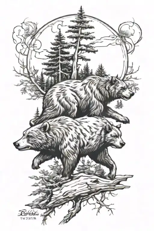 bear and wolf and moon and trees growing tattoo design idea