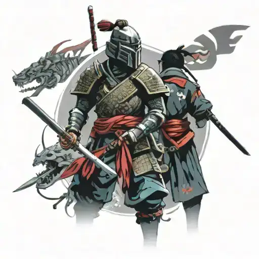 A futuristic cyberpunk gaming scene with a samurai warrior facing off against a ninja in a virtual reality setting tattoo design idea