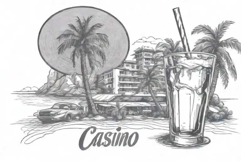 glass of alcoholic beverage, casino, palm tree, little chicago bulls baseball cap,the island of palma de mallorca  tattoo design idea