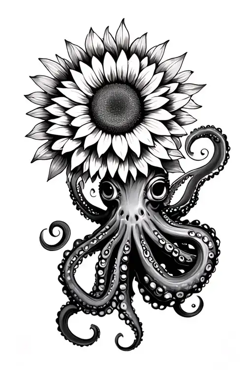 octopus holding sunflowers Infront of the sun tattoo design idea