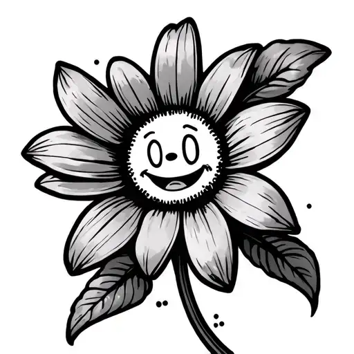 a cuphead inspired tattoo of a flower with face and feet (like human) with dotted lines designe outside tattoo design idea