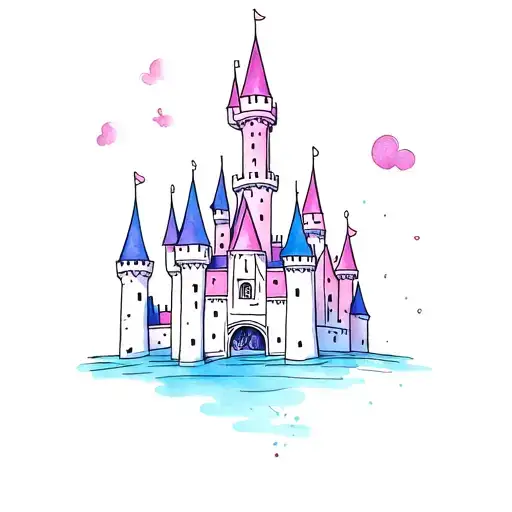 dainty disney castle tattoo with a little bit of color like purples pinks and blues pastel tattoo design idea
