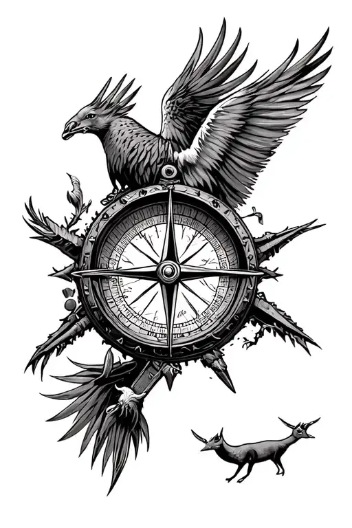 manly compass with hunting scene inside tattoo design idea