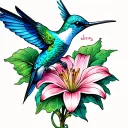 blue hummingbird drinking from a lily flower tattoo design idea