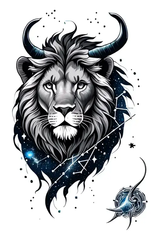 Tattoo on the arm of a lion's head in a galaxy with the constellations Taurus, Virgo and Capricorn tattoo design idea