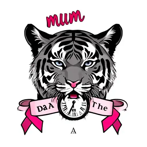  A chest tattoo with a tiger with a cancer ribbon and  the name mum on it with a clock with Roman numerals saying the da tattoo design idea