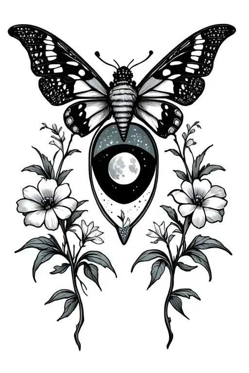 moth,planchette,moon,flowers tattoo design idea